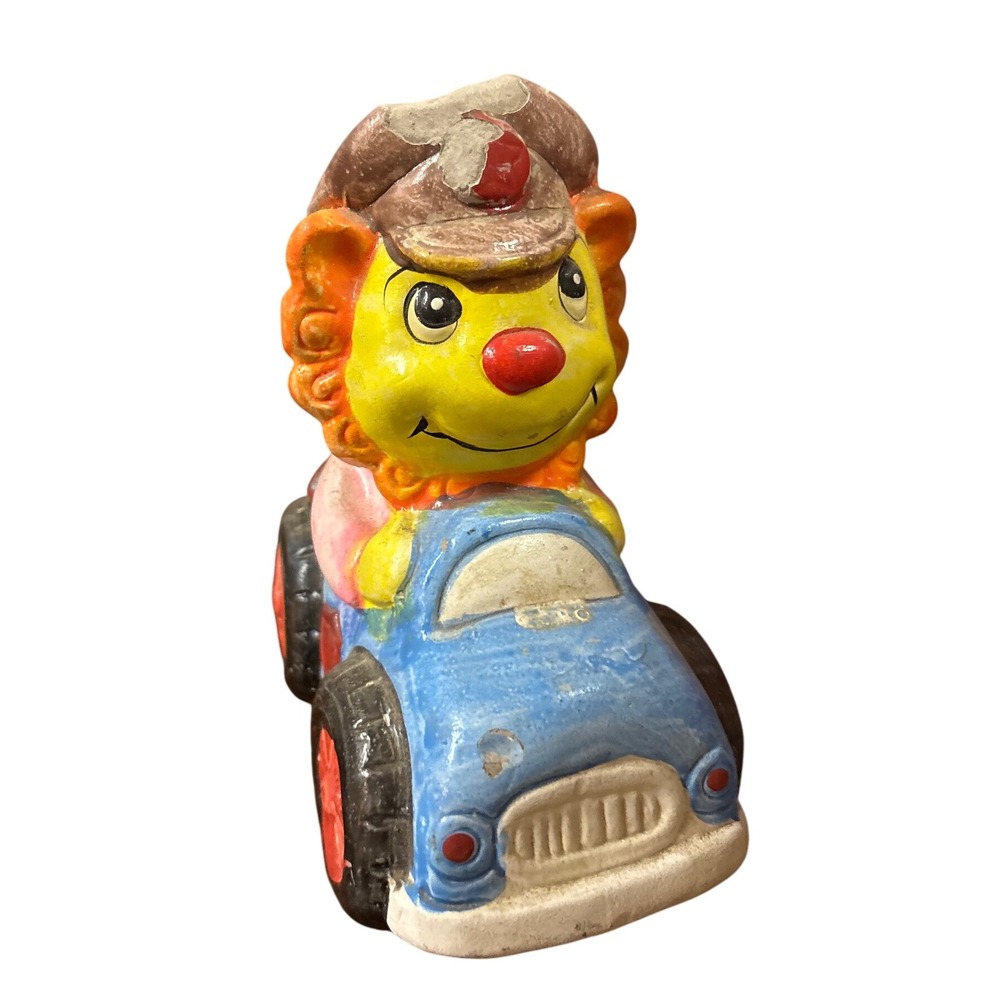 Vintage 1970s Cartoon Lion Driving Car Ceramic Piggy Bank Coin Holder *Flaw